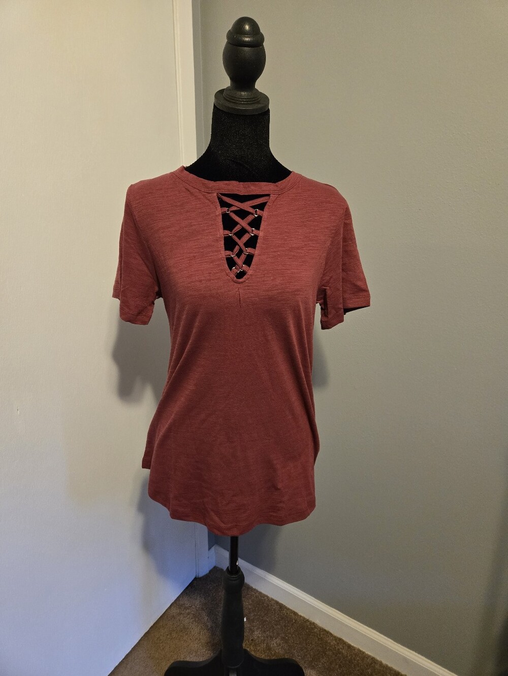 Hayden LA Burgandy Tee With Lace Up Detail - Medium